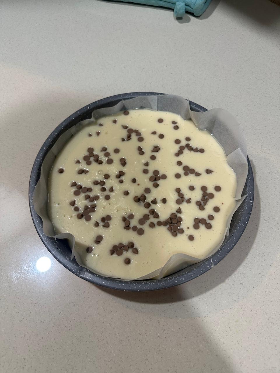 Chocolate chip cake batter ready to bake