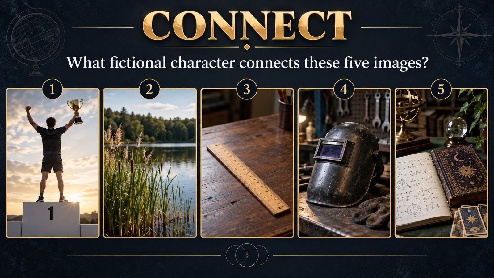 Five visual clues: a winner on a podium, reeds by water, a ruler, a metal welding mask, and books of sorcery